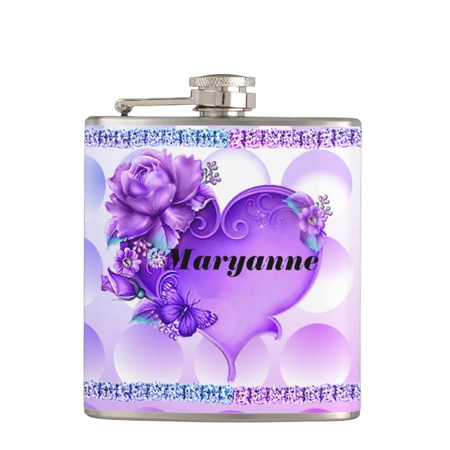 Blauer/Lila Texturkolben mit Herz und Diamanten Flachmann (Vorderseite)