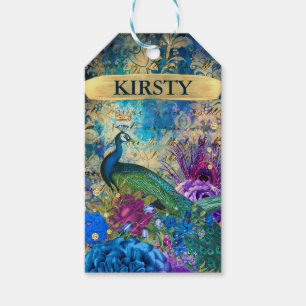 Blauer, lila und goldener Pfauenprint & Diamant Geschenkanhänger