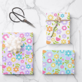 Blauer, Lila und rosa Mehrfarbiger Frühlingsblumen Geschenkpapier Set