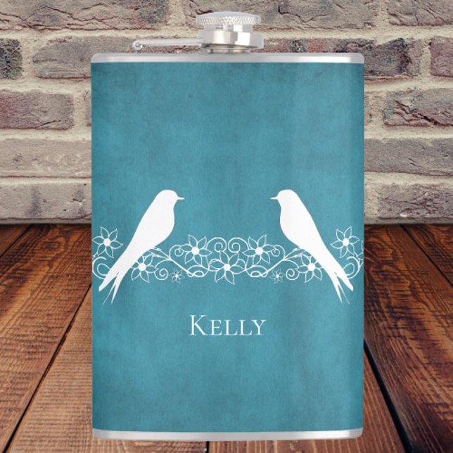 Blauer Lovebirs Personalisierter Blumenkolben Flachmann (Blue Lovebirds Floral Vine Personalized Flask)
