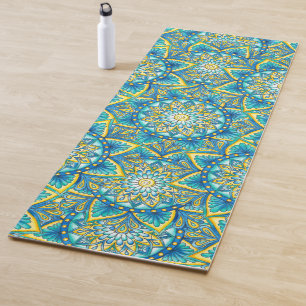 Blauer Mandala Muster Gelb Türkis Yogamatte