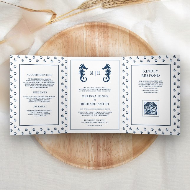 Blauer maritimer Anker Seepferd QR-Code Hochzeit Dreifach Gefaltete Einladung (Von Creator hochgeladen)