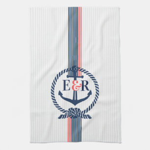 Blauer maritimer Ankerknoten & Streifen Monogramm Handtuch