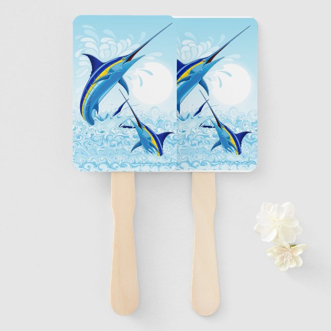 Blauer Marlin springt aus dem Ozean Fächer (Vorne und Hinten)