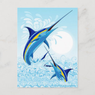 Blauer Marlin springt aus dem Ozean Feiertagspostkarte