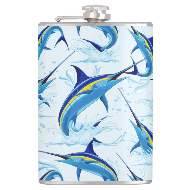 Blauer Marlin springt aus dem Ozean Flachmann (Vorderseite)