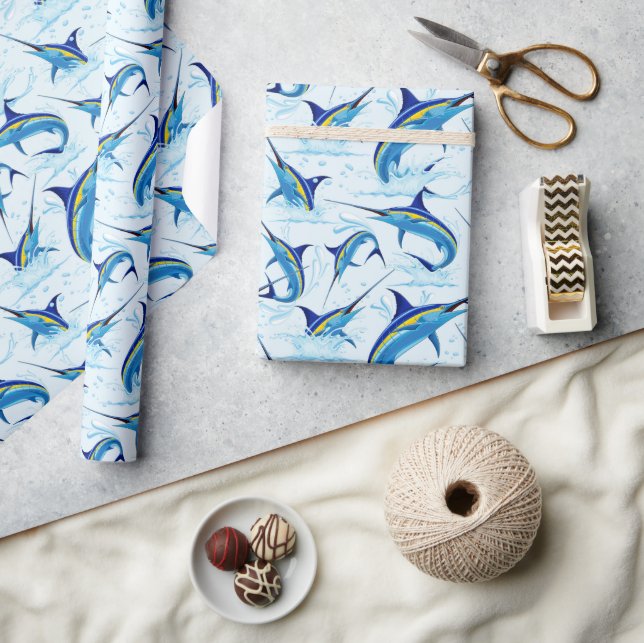 Blauer Marlin springt aus dem Ozean Geschenkpapier (Basteln)