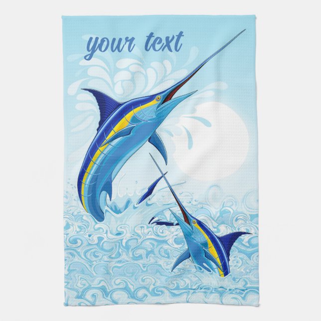 Blauer Marlin springt aus dem Ozean Geschirrtuch (Vertikal)