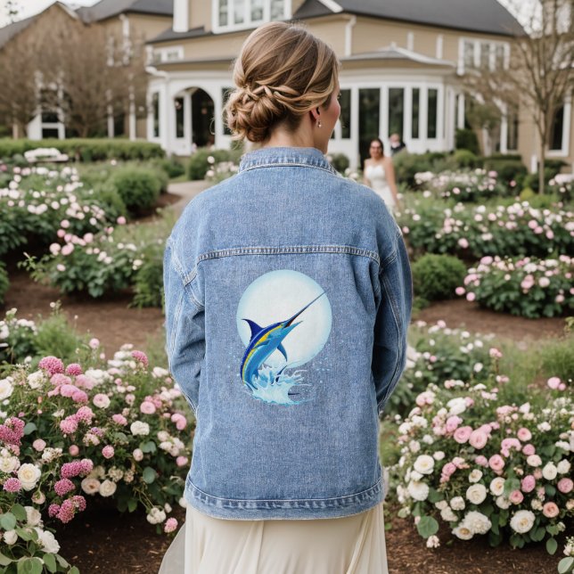 Blauer Marlin springt aus dem Ozean Jeansjacke (Hochzeit Rückseite)