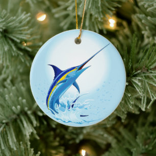 Blauer Marlin springt aus dem Ozean Keramik Ornament