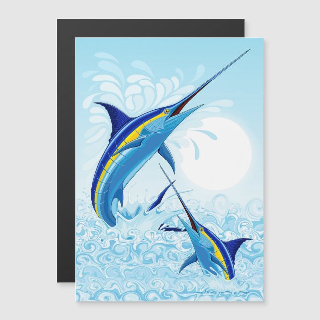 Blauer Marlin springt aus dem Ozean Magnetkarte (Vorne/Hinten)