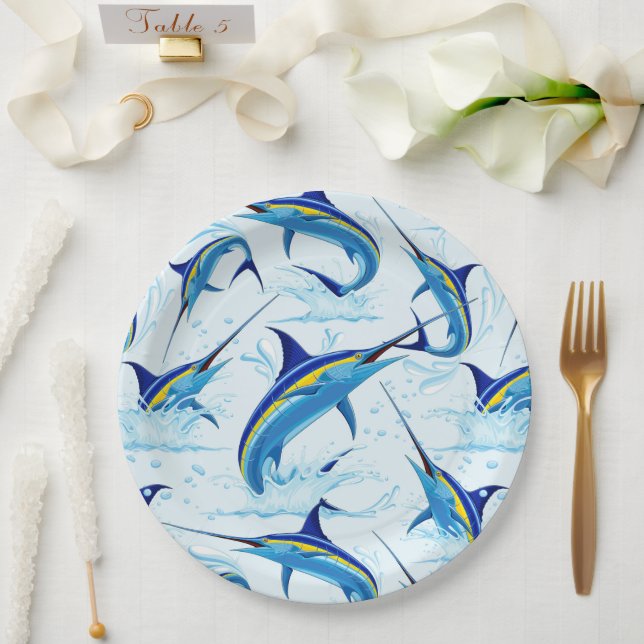 Blauer Marlin springt aus dem Ozean Pappteller (Hochzeit)