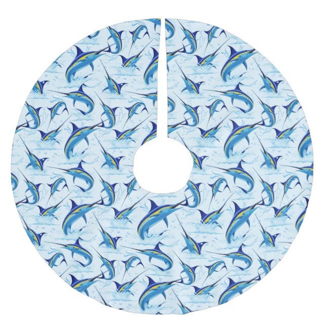 Blauer Marlin springt aus dem Ozean Polyester Weihnachtsbaumdecke (Vorderseite)