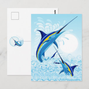 Blauer Marlin springt aus dem Ozean Postkarte
