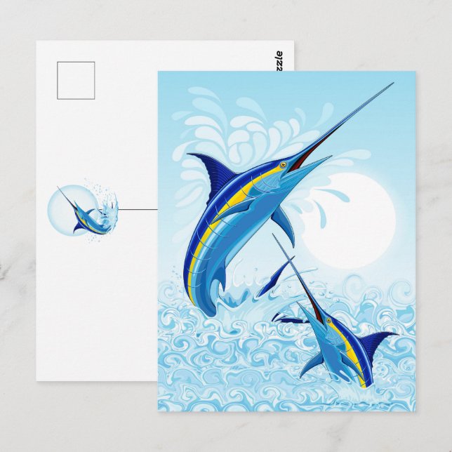 Blauer Marlin springt aus dem Ozean Postkarte (Vorne/Hinten)