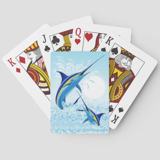 Blauer Marlin springt aus dem Ozean Spielkarten (Rückseite)
