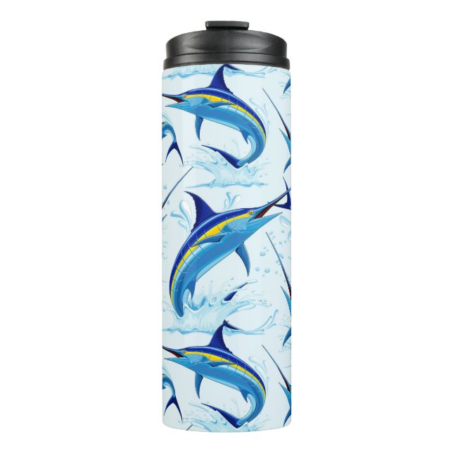 Blauer Marlin springt aus dem Ozean Thermosbecher (Vorderseite)