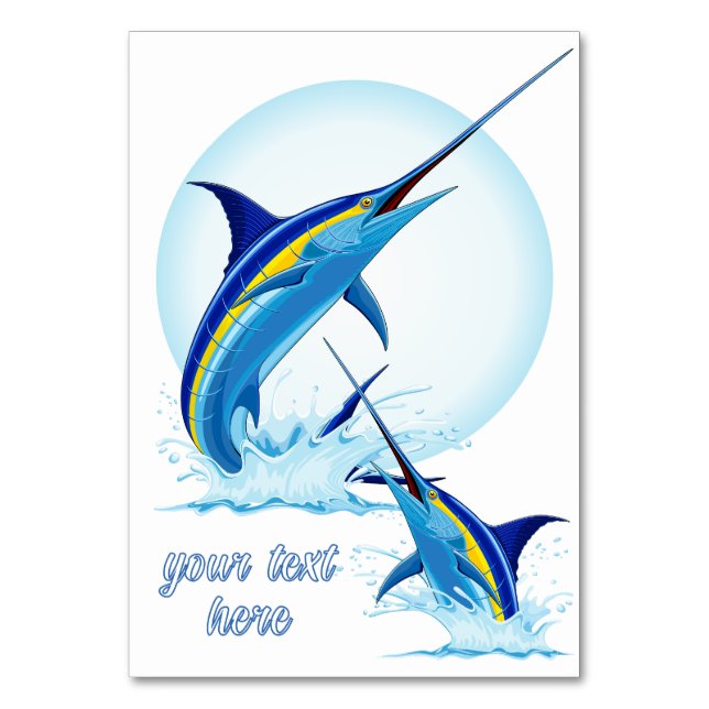 Blauer Marlin springt aus dem Ozean Tischnummer (Vorderseite)
