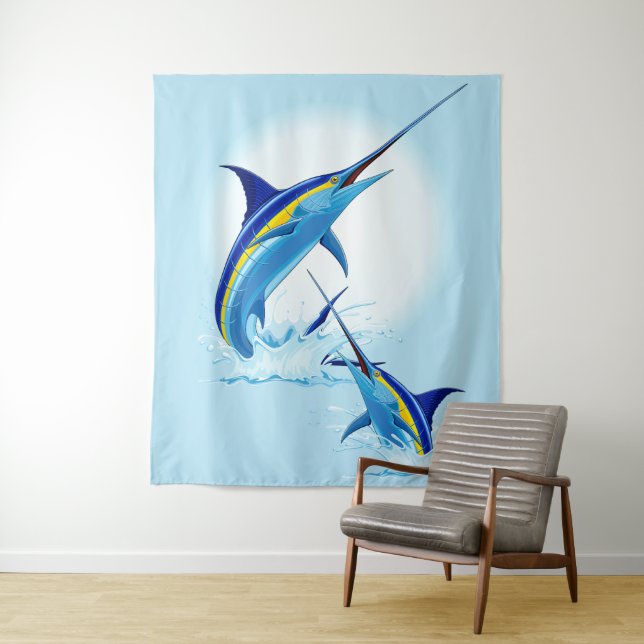 Blauer Marlin springt aus dem Ozean Wandteppich (Beispiel)