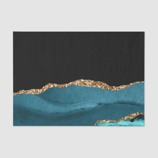 Blauer Marmor Agate Glamour Black Golden Glitzer Seidenpapier (Vorderseite)