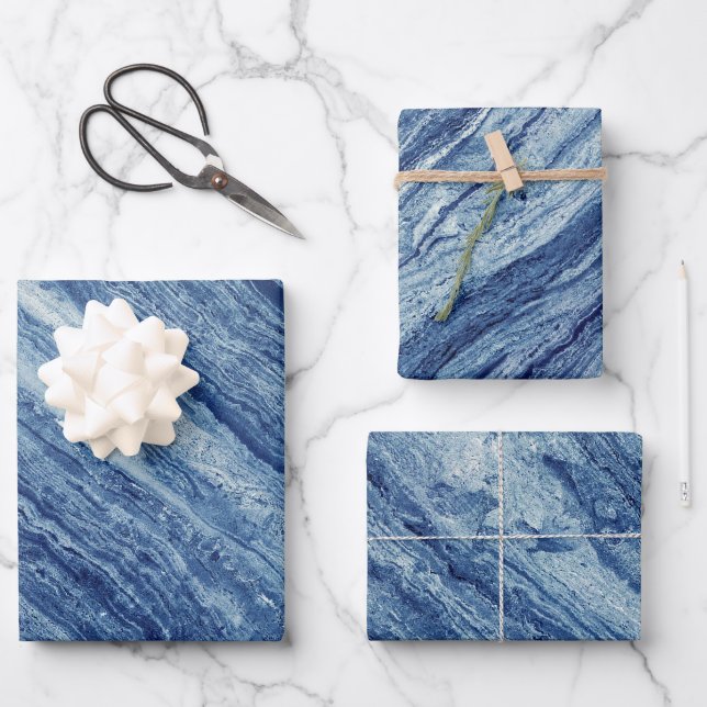Blauer Marmor Geschenkpapier Set (Vorderseite)