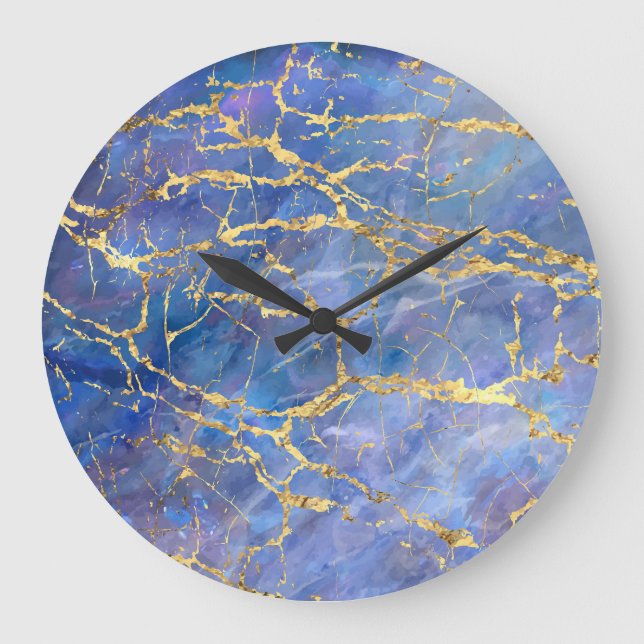 Blauer Marmor Gold Abstrakte Textur Große Wanduhr (Vorderseite)