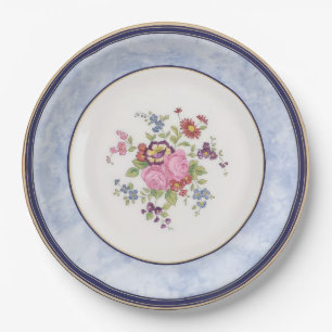 Blauer Marmor Grenz Rosa Blumengarten Tee Party Pappteller