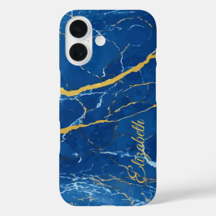 Blauer Marmor mit gelben Akzenten Individuelle Nam iPhone 16 Hülle