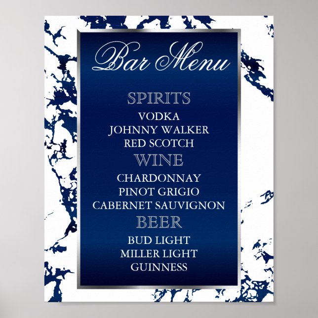 Blauer Marmor, Silver & White - Bar Menu Poster (Vorne)