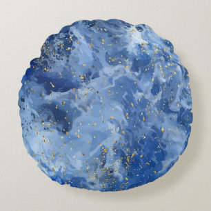 Blauer Marmor und goldene Textur Rundes Kissen