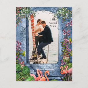 Blauer Marmor und rosa Flamingos Ankündigungspostkarte