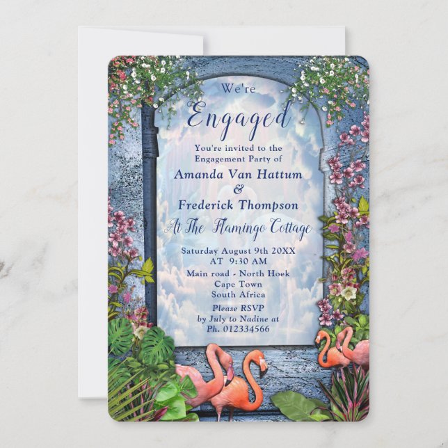 Blauer Marmor und rosa Flamingos Einladung (Vorderseite)