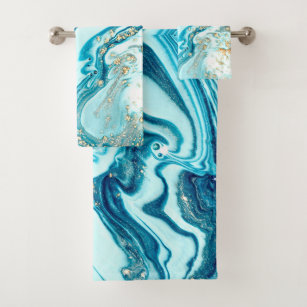 Blauer Marmor Wasserfarbe Türkis Gold Ozean Badhandtuch Set