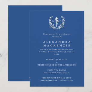 Blauer MD Asclepius + Lorbeerkranz Abschluss Einladung