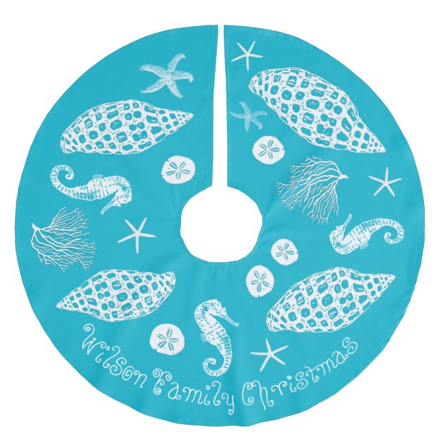 Blauer Meerestier Eigener Text Polyester Weihnachtsbaumdecke (Vorderseite)