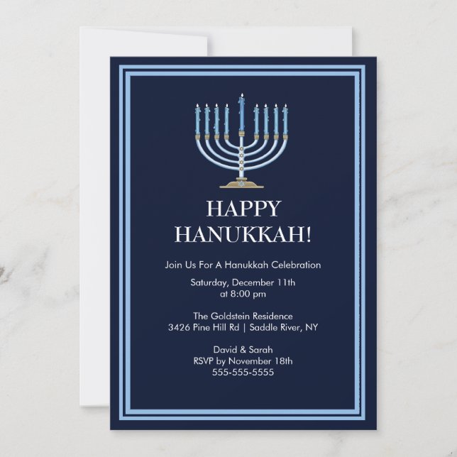 Blauer Menorah Hanukkah Feier Einladung (Vorderseite)