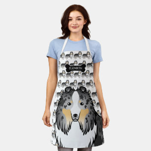 Blauer Merle-Cartoon-Sheltie mit Hundeknochen und Schürze