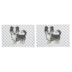 Blauer Merle Langhaar Chihuahua Cartoon Hund & Pfo Kissenbezug