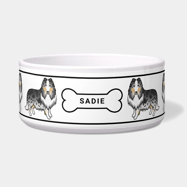 Blauer Merle Rough Collie Hunde mit Knochen und Na Napf (Vorderseite)