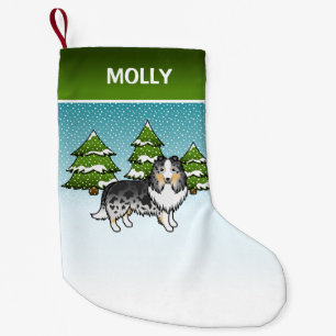 Blauer Merle Sheltie Cartoon-Hund im Winter & Name Kleiner Weihnachtsstrumpf