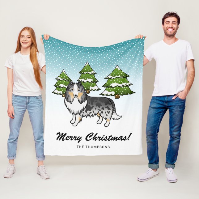 Blauer Merle Sheltie Cartoon Hund im Winter & Text Fleecedecke (Beispiel)