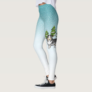 Blauer Merle Shetland Sheepdog in einem Winterwald Leggings