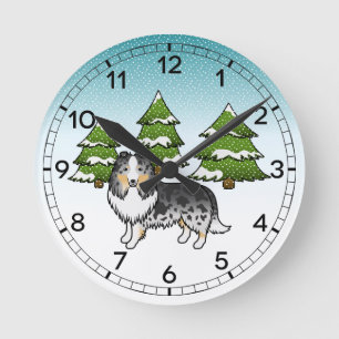 Blauer Merle Shetland Sheepdog in einem Winterwald Runde Wanduhr