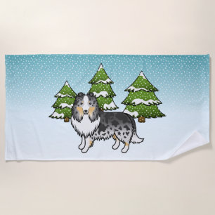 Blauer Merle Shetland Sheepdog in einem Winterwald Strandtuch