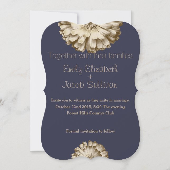 Blauer Minimal mit Gold Daisy Inspiriert Hochzeit Save The Date (Vorderseite)