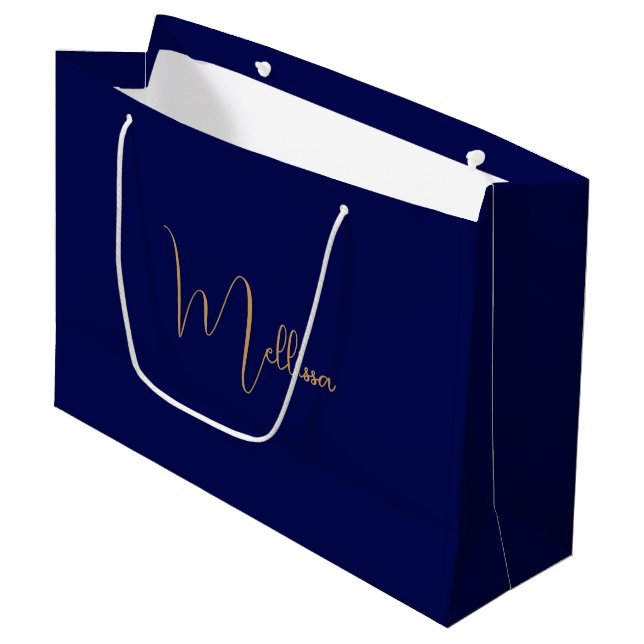 Blauer minimalistischer benutzerdefinierter Name  Große Geschenktüte (Vorderseite Schrägansicht)