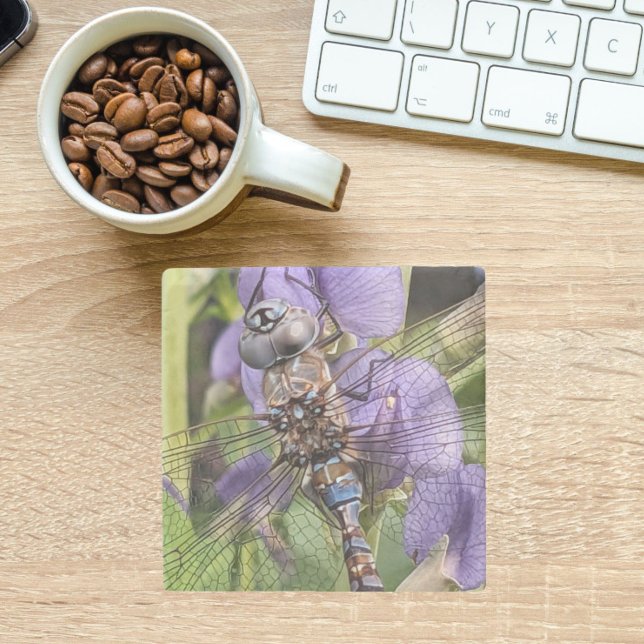 Blauer Mit Augen Darner Dragonfly auf Purple Flowe Steinuntersetzer (In Situ Office)