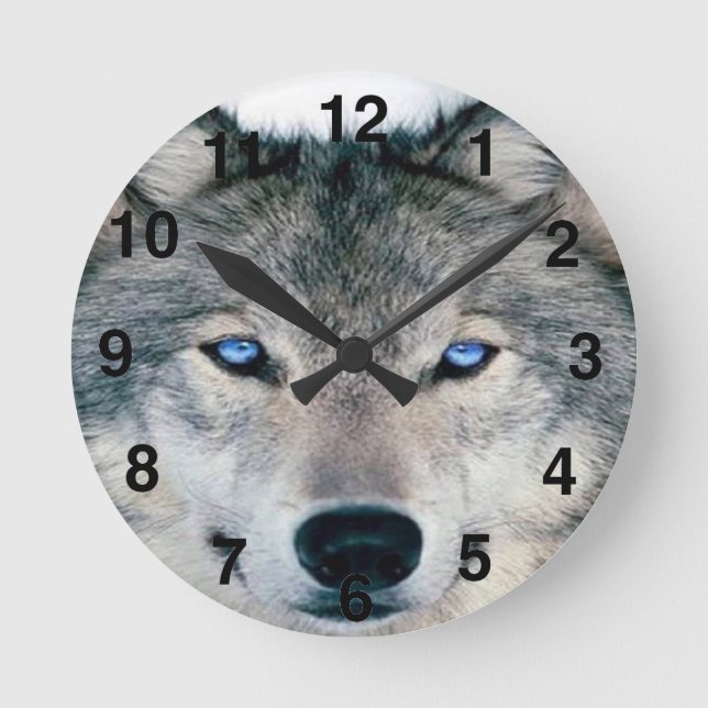 Blauer mit Augen Wolf Runde Wanduhr (Vorderseite)