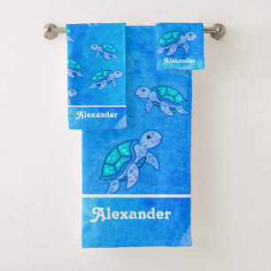 Blauer Mit Monogramm Name unter der Meeresschildkr Badhandtuch Set