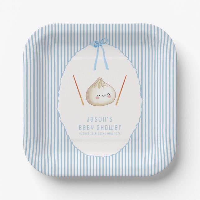 Blauer moderner Jungen-Bogen asiatischer Baby-Dump Pappteller (Vorderseite)